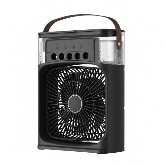 Portable mini air cooler fan in dark charcoal with carry handle and front fan grille
